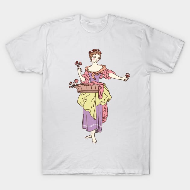 Cute and colorful drawing of an 18th century flower girl T-Shirt by MariOyama